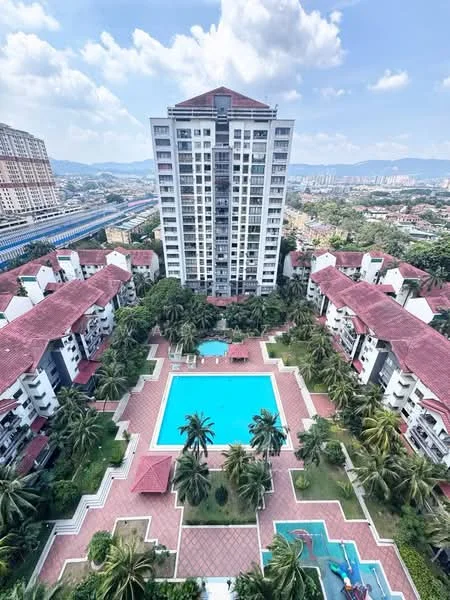 Exterior type: high-rise condominium; features: swimming pool, landscaped garden, palm trees, manicured lawn, outdoor seating area, surrounding low-rise buildings, red tiled roof, balconies on upper floors, pool deck with loungers; style: modern.