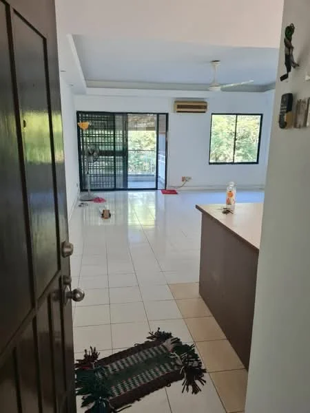 Room features: white painted walls, tile flooring, ceiling fan, large windows, sliding glass door, air conditioning unit, open layout, decorative rug; style: modern; view: garden.