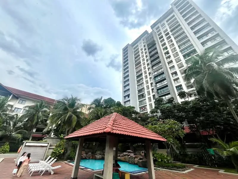 Exterior type: high-rise condominium; features: swimming pool, pool deck with loungers, landscaped garden, palm trees, covered gazebo, brick-paved walkway, multiple storeys, residential building facade, greenery surrounding the building; style: modern.