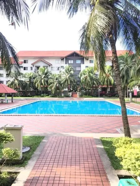Exterior type: low-rise apartment block; features: swimming pool, pool deck with loungers, manicured lawn, palm trees, tropical landscaping, covered gazebo, brick pathway, surrounded by greenery; style: modern.