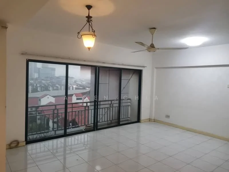Living features: white painted walls, glossy ceramic tile flooring, 5-blade ceiling fan, recessed downlights, large sliding glass door, balcony access, city view, hanging light fixture; style: modern; view: city.