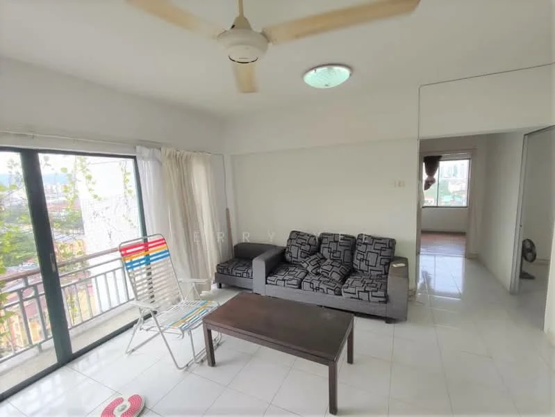 Living features: 3-seater fabric sofa in black and white geometric pattern, coffee table, floor-to-ceiling sliding glass door, white painted walls, white tiled flooring, ceiling fan, recessed ceiling light, sheer curtains, balcony view; style: modern; view: city. Room features: white painted walls, white tiled flooring.