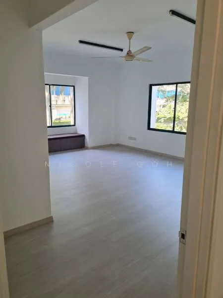 Room features: light-colored laminate flooring, white painted walls, ceiling fan, large windows, window seat, natural light, neutral color scheme, no visible furniture; style: modern; view: garden.