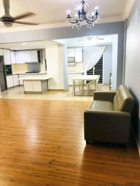 Living features: laminate flooring, grey painted walls, chandelier, 5-blade ceiling fan, sofa in beige, large windows with sheer curtains, open layout to dining area, recessed downlights; style: modern. Dining features: dining table for 4, upholstered dining chairs, white cabinetry, kitchen island, open layout to living area; style: modern. Kitchen features: white cabinetry, stainless-steel sink, built-in oven, gas hob, countertop with breakfast bar; style: modern.