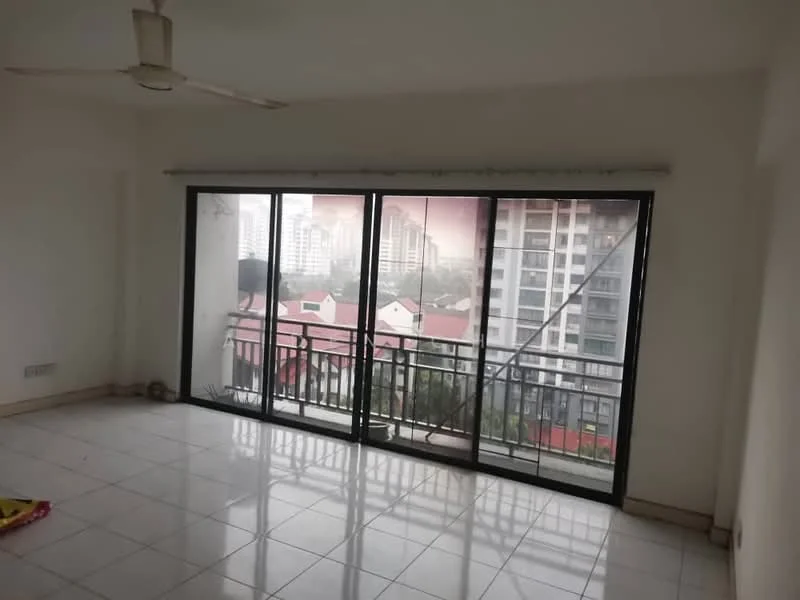 Living features: white painted walls, glossy ceramic tile flooring, 5-blade ceiling fan, floor-to-ceiling sliding glass doors, balcony access, city view, neutral color scheme, natural light from windows; style: modern; view: city.