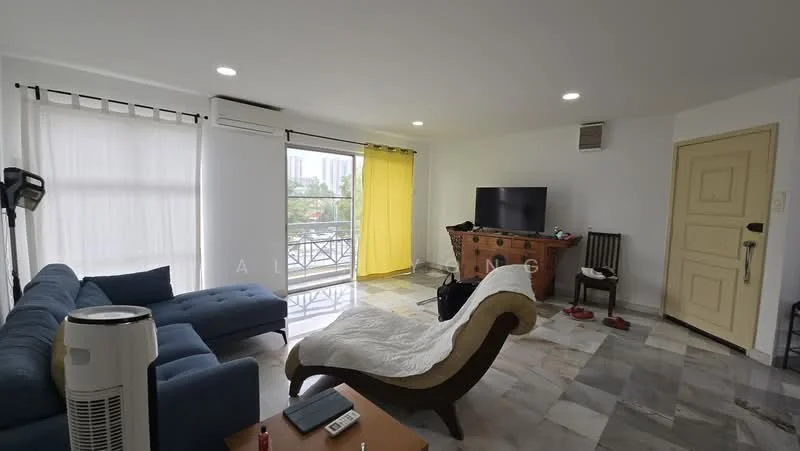 Living features: blue fabric sofa, chaise lounge chair, marble flooring, floor-to-ceiling windows, sheer white curtains, blackout curtains, wall-mounted TV, wooden TV console, air conditioning unit, decorative chair, coffee table, light-colored walls, door leading outside; style: modern; view: city.