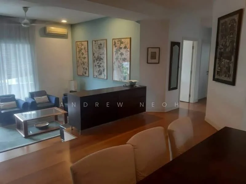 Living features: wooden flooring, 5-blade ceiling fan, recessed downlights, floor-to-ceiling windows with sheer curtains, blue accent wall, framed artwork on walls, coffee table, 2-seater fabric sofa in blue, 2 armchairs in blue, sideboard, decorative bowl on sideboard; style: modern. Dining features: dining table with 4 upholstered chairs, wooden dining table, decorative mirror on wall; style: modern.