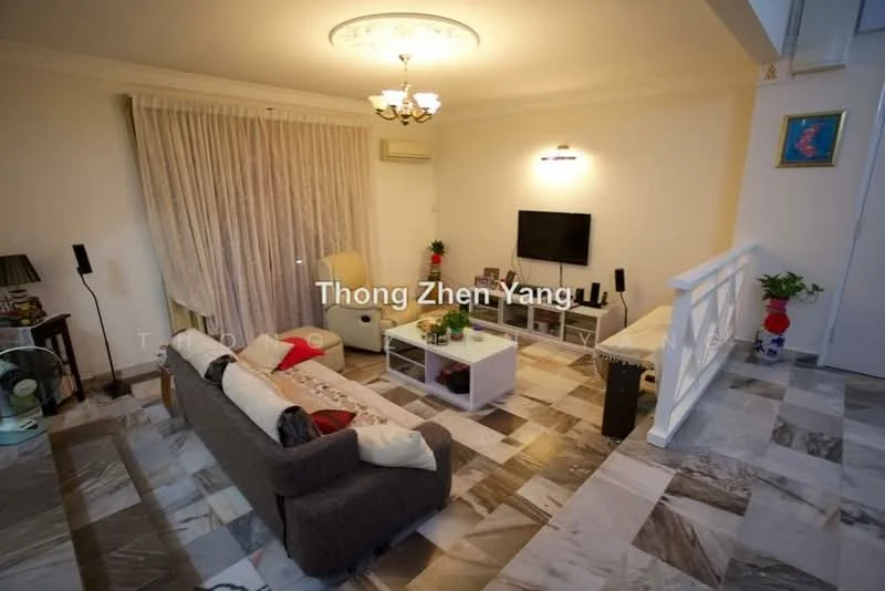 Living features: marble tile flooring, white painted walls, tray ceiling with chandelier, floor-to-ceiling curtains, sofa in grey fabric, white coffee table, wall-mounted TV, decorative wall art, air conditioning unit, light fixture, side table, black speaker; style: contemporary.