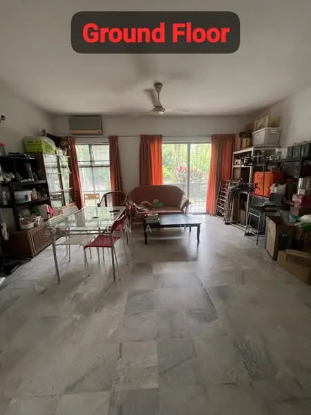 Living features: marble flooring, white painted walls, ceiling fan, large sliding glass door, curtains in orange, dining table with glass top, metal chairs with red upholstery, wooden coffee table, open shelving units, various appliances on shelves, air conditioning unit; view: garden.