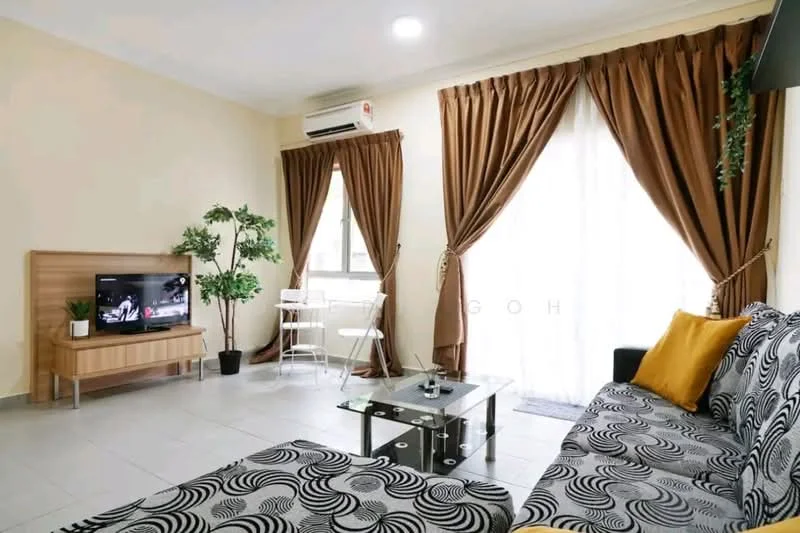 Living features: sofa with patterned upholstery, glass coffee table, TV console, wall-mounted TV, floor-to-ceiling windows, sheer curtains, brown blackout curtains, decorative houseplant, light-colored walls, tile flooring, ceiling-mounted air conditioning unit, area rug with geometric pattern; style: modern.