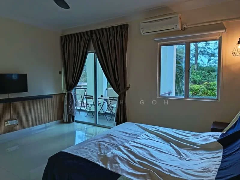 Bedroom features: king-size bed, upholstered headboard, 2 bedside lamps, wall-mounted TV, floor-to-ceiling windows, sliding glass door, curtains, air conditioning unit, polished tile flooring, decorative wall paneling; style: modern; view: garden.
