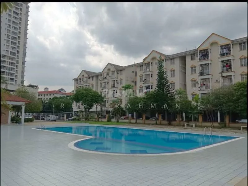 Exterior type: low-rise apartment block; features: swimming pool, pool deck with loungers, manicured landscaping, mature trees, surrounding residential buildings, paved walkway, balconies on buildings; style: modern.
