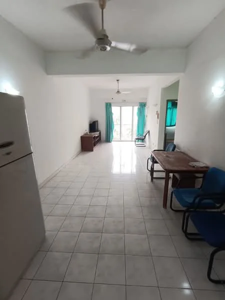 Living features: white painted walls, glossy tile flooring, ceiling fan, large sliding glass door, curtains in teal, wooden dining table, blue upholstered chairs, TV console, refrigerator; style: minimalist.