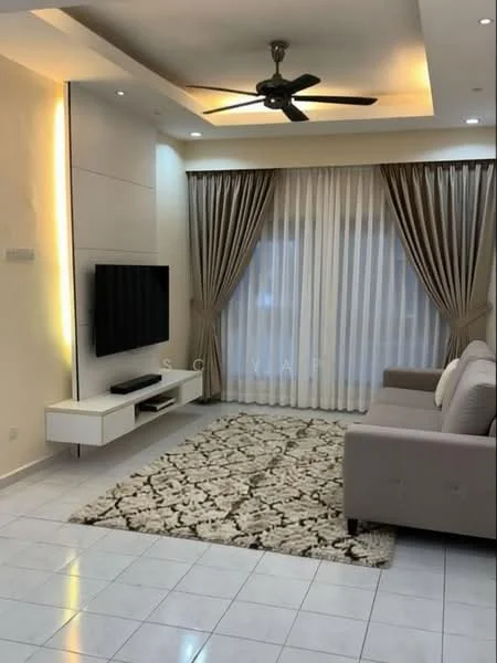 Living features: 3-seater fabric sofa in light grey, coffee table, wall-mounted TV, TV console, area rug with geometric pattern, 5-blade ceiling fan with light, recessed downlights, floor-to-ceiling windows with sheer curtains, curtains in beige and brown, white painted walls, white tiled flooring, decorative wall paneling; style: modern.