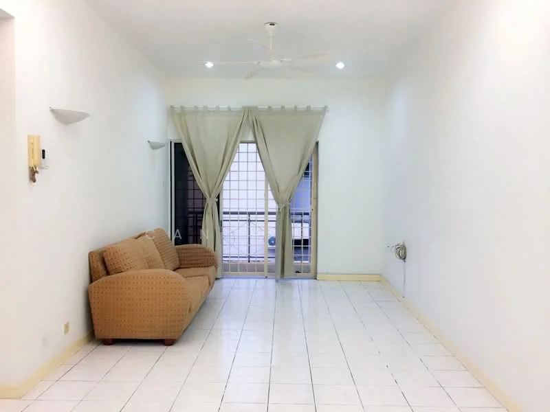 Living features: white painted walls, white tiled flooring, 5-blade ceiling fan with light, sofa in beige fabric, sliding glass door, sheer curtains, balcony view, wall-mounted AC unit; style: minimalist.