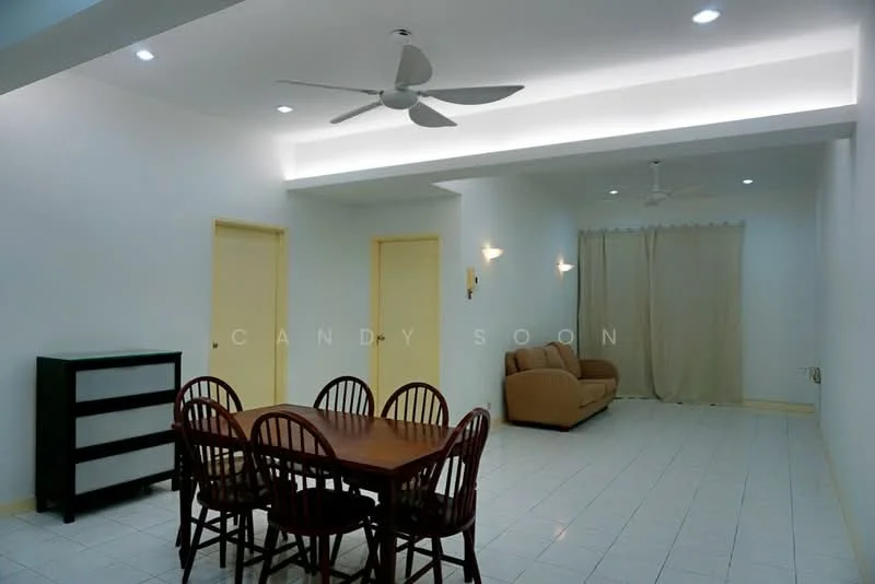 Living features: white painted walls, glossy white tile flooring, 5-blade ceiling fan with light, recessed downlights, sofa in beige, dining table with 6 wooden chairs, curtains in light fabric, wall-mounted light fixtures; style: modern.