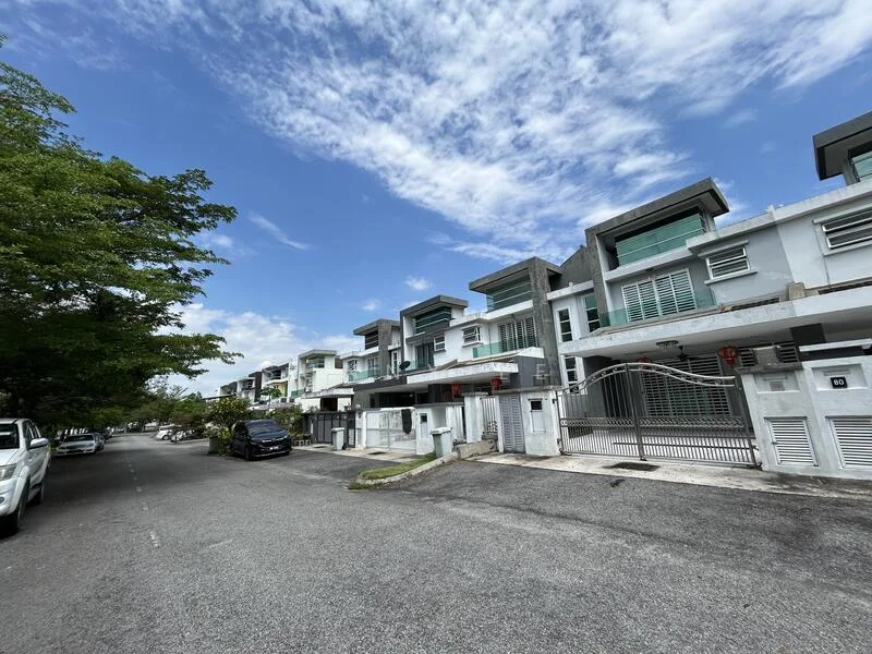 Exterior type: linked terrace house; features: white painted facade, glass windows, flat roof, two-storey structure, manicured lawn, driveway with interlocking pavers, gated entry, surrounded by mature greenery; style: modern.