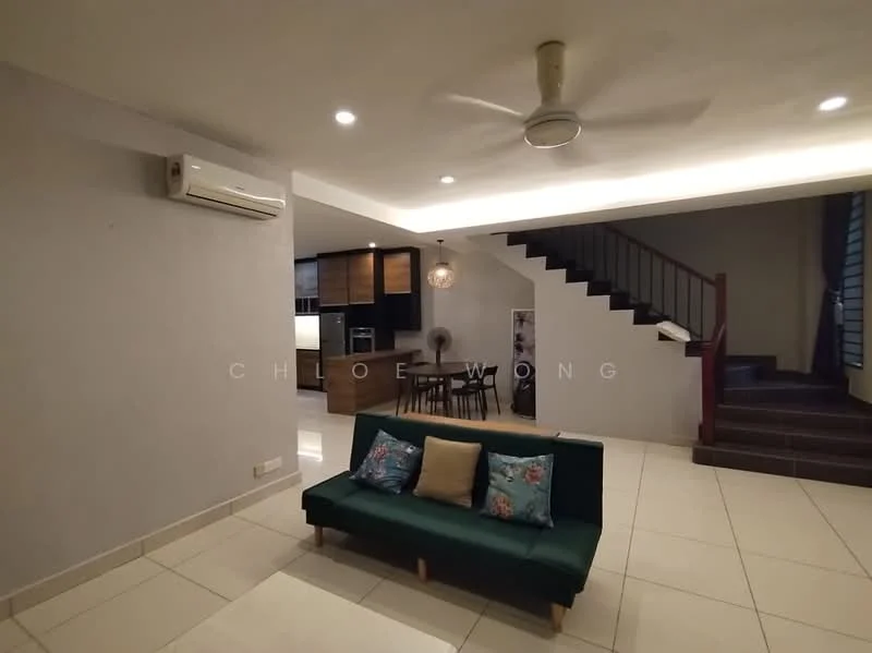 Living features: green fabric sofa with decorative pillows, white painted walls, tile flooring, ceiling fan, wall-mounted split AC, recessed downlights, staircase leading to upper floor, open layout to dining area, large windows for natural light; style: modern.