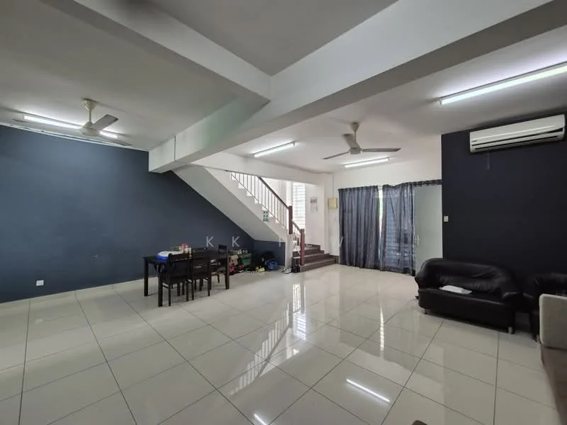 Living features: white painted walls, dark blue accent wall, polished ceramic tile flooring, 2 ceiling fans, recessed LED downlights, sofa in black leather, dining table with 4 chairs, curtains in blue fabric, air conditioning unit on wall, staircase leading to upper floor; style: modern.