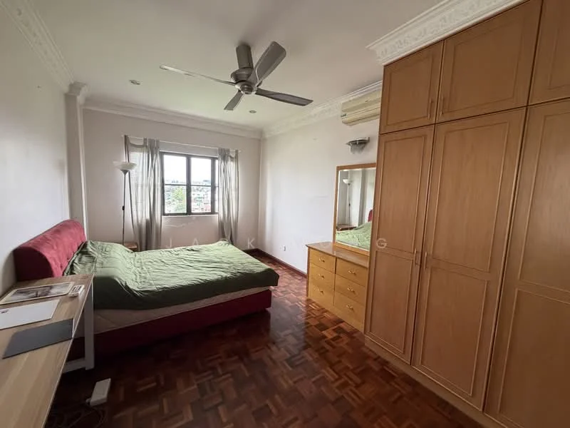 Bedroom features: queen-size bed with green bedding, wooden flooring, built-in wardrobe with sliding doors, dressing table with mirror, floor-to-ceiling window, curtains, ceiling fan, air conditioning unit, lampshade floor lamp; style: modern; view: city.
