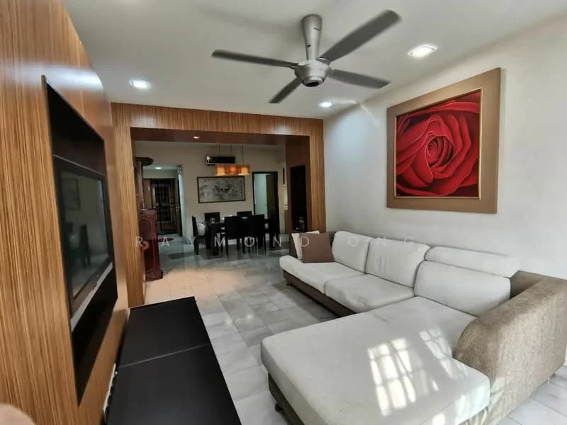 Living features: L-shape sectional sofa in light beige, wood panel accent wall, wall-mounted TV, marble flooring, ceiling fan with integrated light, decorative framed artwork with rose design, recessed downlights, open layout to dining area; style: modern.