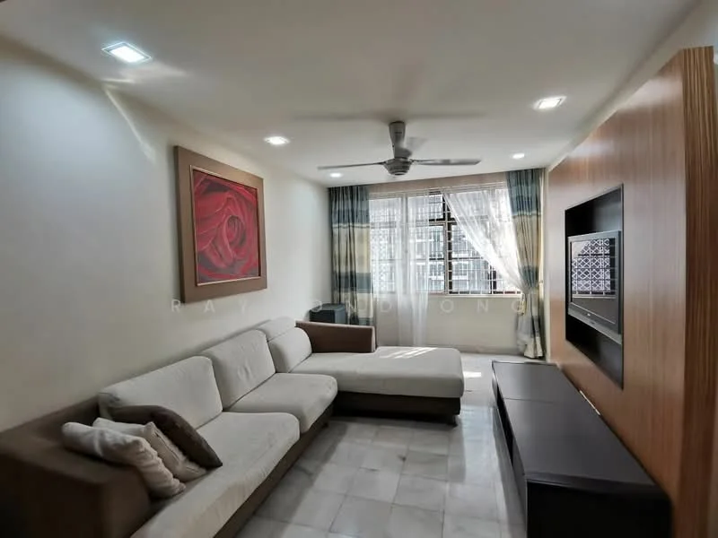 Living features: L-shape sectional sofa in white, accent chair in brown, coffee table, wall-mounted TV, TV console in dark wood, large window with sheer curtains, ceiling fan, recessed lighting, marble tile flooring, decorative wall art with floral design, built-in shelving unit; style: modern; view: city.