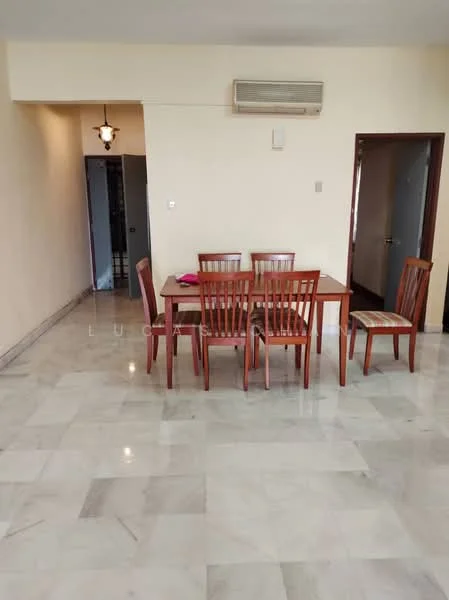 Dining features: marble flooring, white painted walls, ceiling-mounted light fixture, 1 wall-mounted split AC, 6-seater dining table, wooden dining chairs with upholstered seats, decorative wall panel, doorway leading to hallway; style: modern.