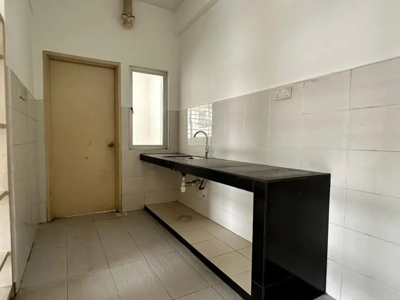 Laundry features: black countertop, single-bowl stainless-steel sink, chrome faucet, white tiled walls, grey tiled flooring, window for natural light, door leading to another room; style: modern.