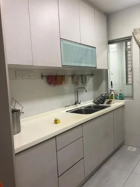 Kitchen features: white cabinetry, single-bowl stainless-steel sink, chrome pull-down faucet, white countertop, tile backsplash, built-in upper cabinets, open shelving, window above sink, grey tile flooring, kitchen utensils on rack, cleaning supplies on countertop; style: modern.