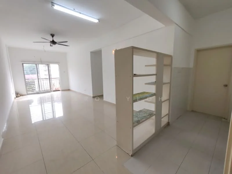 Room features: white painted walls, glossy ceramic tile flooring, ceiling with fluorescent lights, 5-blade ceiling fan, sliding glass door, balcony access, built-in shelving unit, large windows, natural light, open layout; style: modern; view: city.