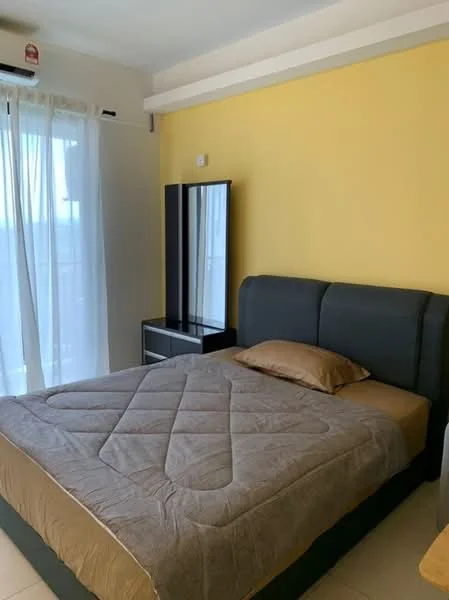 Bedroom features: king-size bed with grey upholstered headboard, brown bedspread, white walls, yellow accent wall, floor-to-ceiling windows with sheer curtains, nightstand with mirror, tile flooring, built-in wardrobe, natural light from window; style: modern.
