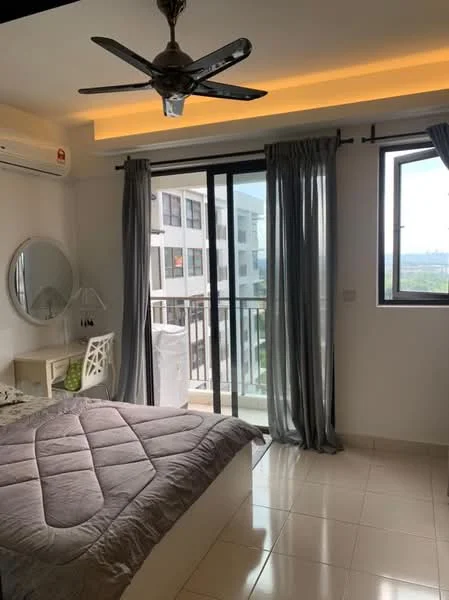 Bedroom features: king-size bed, upholstered headboard, bedside table, wall-mounted mirror, floor-to-ceiling windows, sliding glass door, grey curtains, 5-blade ceiling fan with light, white painted walls, tile flooring, decorative wall lighting; style: modern; view: city.