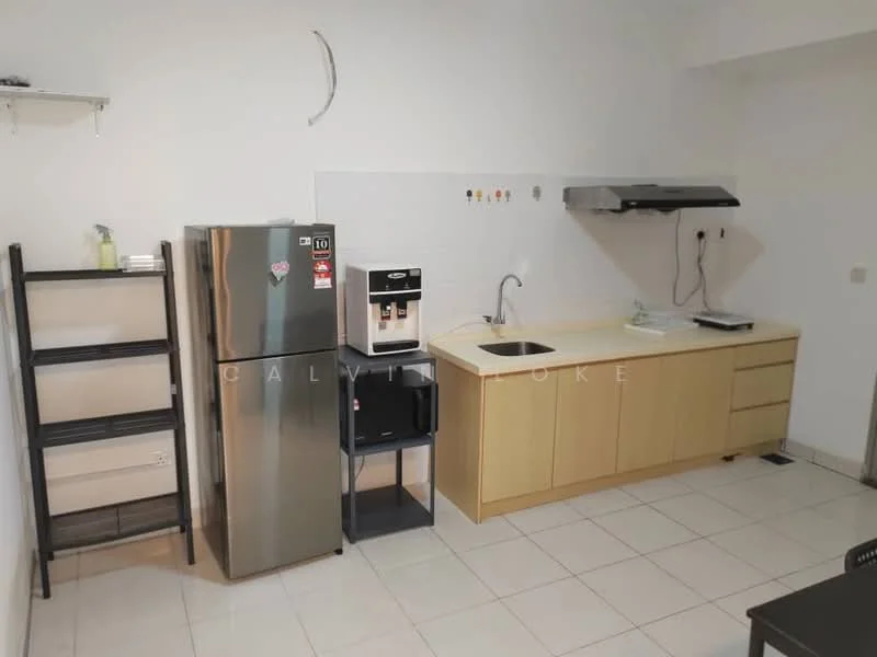 Kitchen features: light wood cabinetry, white countertop, stainless-steel fridge, water dispenser, single-bowl stainless-steel sink, chrome pull-down faucet, built-in stove with exhaust hood, open shelving, ceramic tile flooring, white painted walls; style: modern.