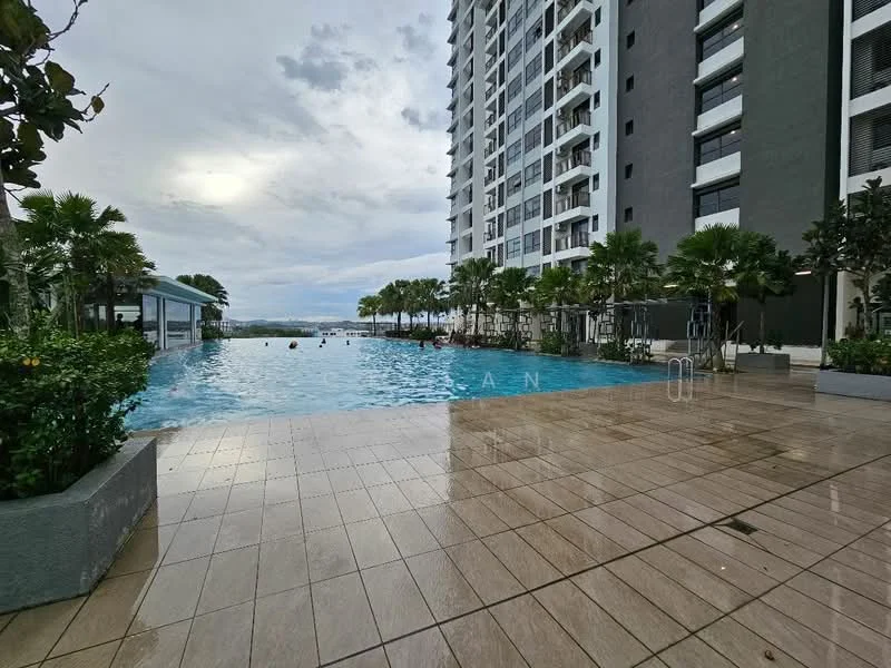 Exterior type: high-rise condominium; features: infinity pool, pool deck with loungers, landscaped garden with palm trees, tiled flooring around pool area, glass enclosure for poolside area, surrounding greenery, city skyline view in background; style: modern.