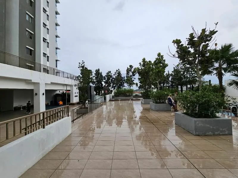 Exterior type: high-rise condominium; features: swimming pool deck, landscaped garden with plants, tiled flooring, covered parking area, balconies on building, manicured greenery, outdoor seating area, paved walkway; style: modern.