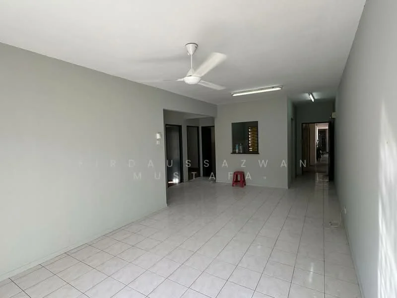 Living features: white painted walls, glossy white tile flooring, 5-blade ceiling fan with light, doorway leading to hallway, window with no visible treatment, light fixture on ceiling, open layout, red stool. Room features: white painted walls, glossy white tile flooring, doorway leading to other rooms.
