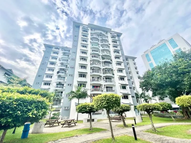 Exterior type: mid-rise condominium; features: grey painted facade, balconies on each floor, landscaped garden with manicured shrubs, outdoor seating area with picnic tables, paved walkway, surrounded by mature trees, multiple storeys, glass windows, modern architectural design; style: modern.