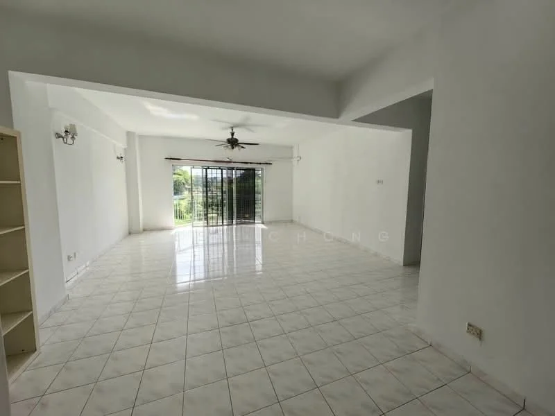 Living features: white painted walls, glossy white tile flooring, 5-blade ceiling fan with light, floor-to-ceiling windows, sliding glass door, natural light from windows, open layout, no visible furniture; style: minimalist; view: garden.
