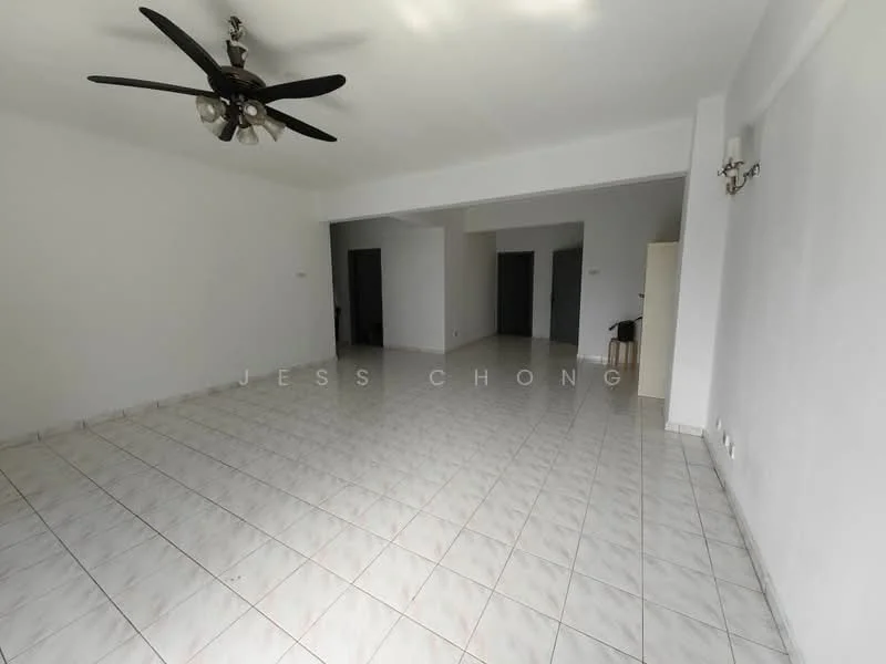 Living features: white painted walls, ceramic tile flooring, 5-blade ceiling fan, recessed downlights, two doorways, large open space, neutral color scheme, no visible furniture; style: minimalist.