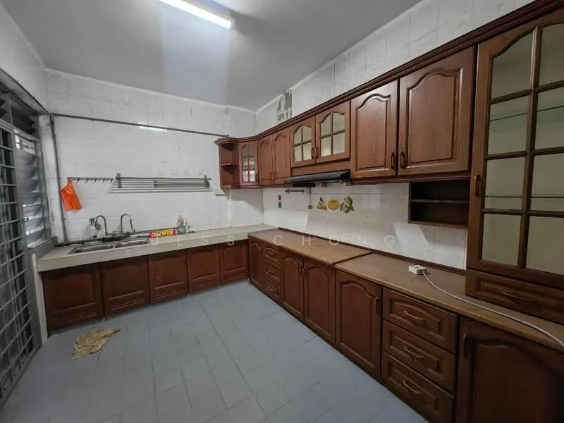 Kitchen features: brown wooden cabinetry, laminate countertop, double-bowl stainless-steel sink, chrome faucet, white tiled backsplash, grey tiled flooring, wall-mounted storage rack, window with metal grille, overhead fluorescent lighting; style: traditional.