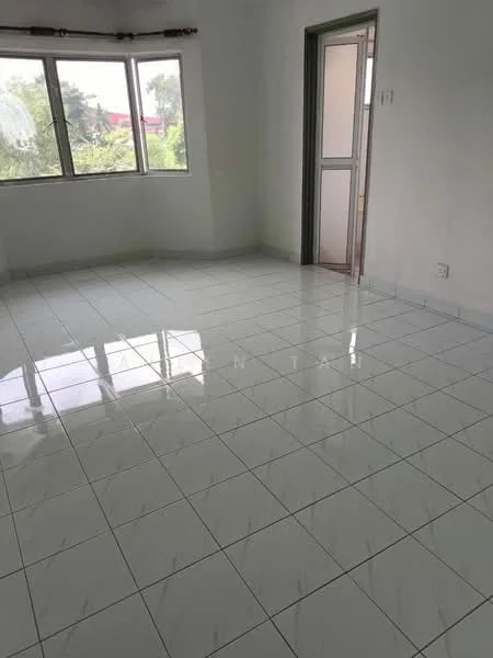 Room features: white painted walls, glossy white tile flooring, large windows with natural light, door leading to outside, no visible furniture or decor; style: minimalist; view: garden.