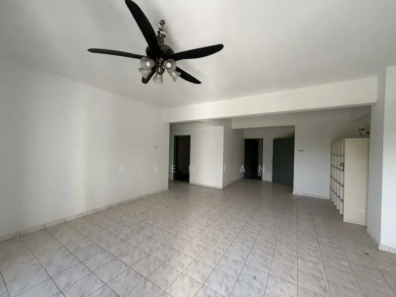 Living features: white painted walls, tile flooring, 5-blade ceiling fan with light, recessed lighting, open layout, large windows, neutral color scheme, no visible furniture; style: minimalist.