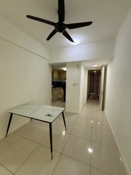 Room features: white painted walls, glossy ceramic tile flooring, 5-blade ceiling fan, recessed downlights, glass-top table with black legs, doorway leading to another room, hallway with light fixture, open space layout; style: modern.