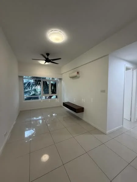 Living features: white painted walls, glossy white tile flooring, 5-blade ceiling fan with light, floor-to-ceiling windows, air conditioning unit, wooden wall-mounted shelf, natural light from windows, view of greenery outside; style: modern; view: garden.