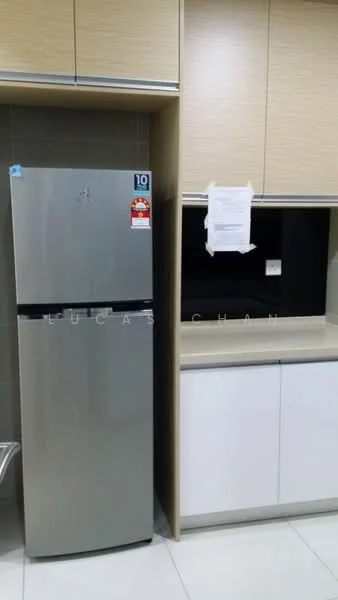 Kitchen features: stainless-steel fridge, white cabinetry, light wood cabinetry, grey countertop, black backsplash, wall-mounted notice, tile flooring, built-in cabinetry; style: modern.