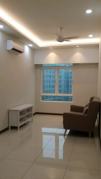 Living features: cream painted walls, white ceiling with recessed lighting, 5-blade ceiling fan with light, floor-to-ceiling windows, white window treatments, glossy ceramic tile flooring, light brown fabric armchair, white console table, air conditioning unit; style: modern; view: city.