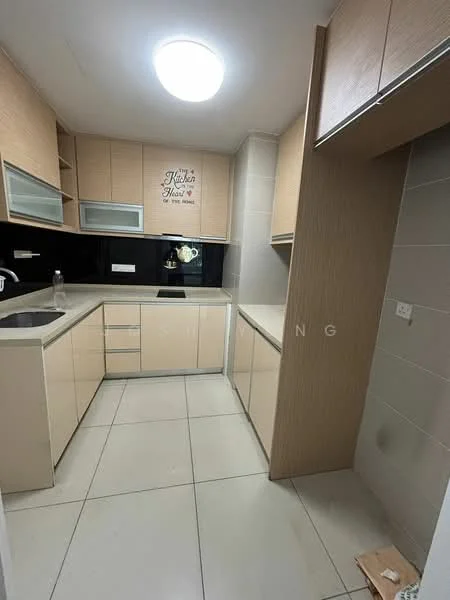 Kitchen features: light wood cabinetry, black countertop, stainless-steel sink, chrome faucet, built-in cabinets, glass-front upper cabinets, tile backsplash, ceramic tile flooring, recessed ceiling light, wall-mounted decor, open layout, corner layout; style: modern.
