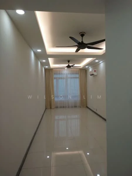 Room features: white painted walls, glossy ceramic tile flooring, tray ceiling with recessed lighting, 2 ceiling fans, sheer curtains, wall-mounted air conditioning unit, neutral color scheme, natural light from windows; style: modern.