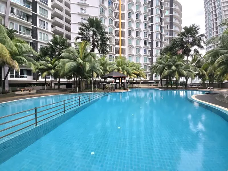 Exterior type: high-rise condominium; features: infinity pool, pool deck with loungers, tropical landscaping, palm trees, manicured lawn, gazebo, surrounded by residential buildings, water features, decking area; style: modern.