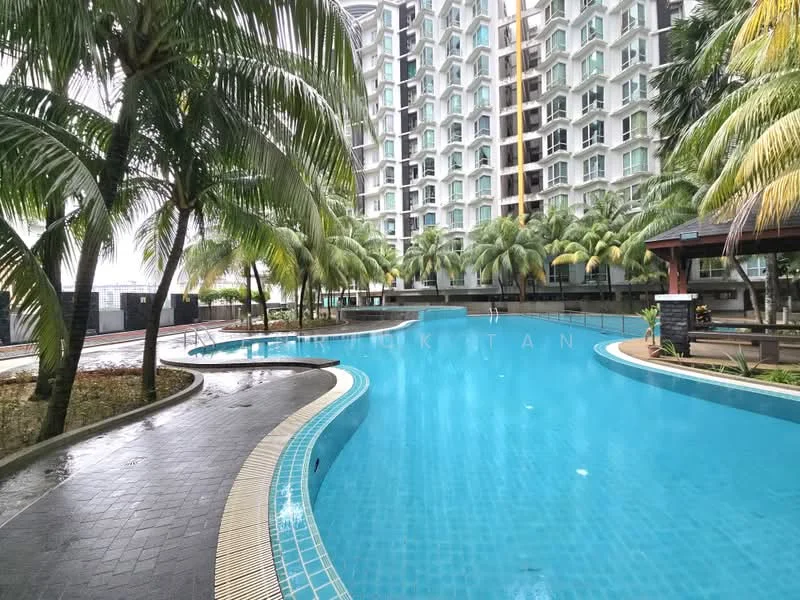 Exterior type: high-rise condominium; features: infinity pool, pool deck with loungers, tropical landscaping, palm trees, manicured lawn, surrounded by greenery; style: modern.